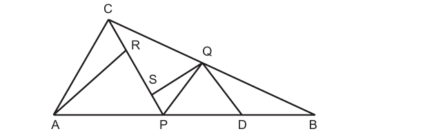 Triangle CAB with C at apex; P on AB, D on AB; PQ parallel to AC and QD parallel to CP; R on CA, S inside near P