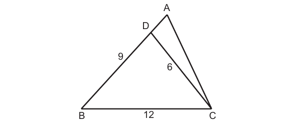 Triangle ABC with D on AB; BD=9, DC=6, BC=12; angle BCD equals angle BAC