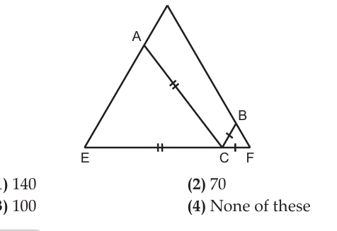 Triangle DEF with A on DE, B on DF, C on EF; EC=AC and CF=BC marked with tick marks