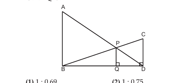 AB and CD perpendicular to base BD with AB on the left and CD on the right; segments AD and BC cross at P; PQ is perpendicular to BD meeting it at Q