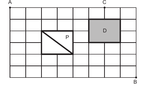 Town street grid with house A at top-left, office B at bottom-right and point C on the top edge; a rectangular park P (with a diagonal road) and a shaded prohibited region D are inside the grid